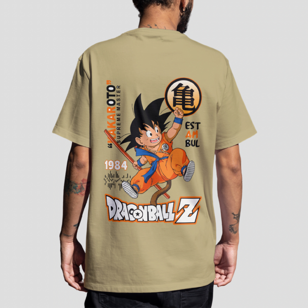 Kid Goku Kakarot - Dragon Ball Z Premium Oversize Back-Print T-Shirt (Beige and White)