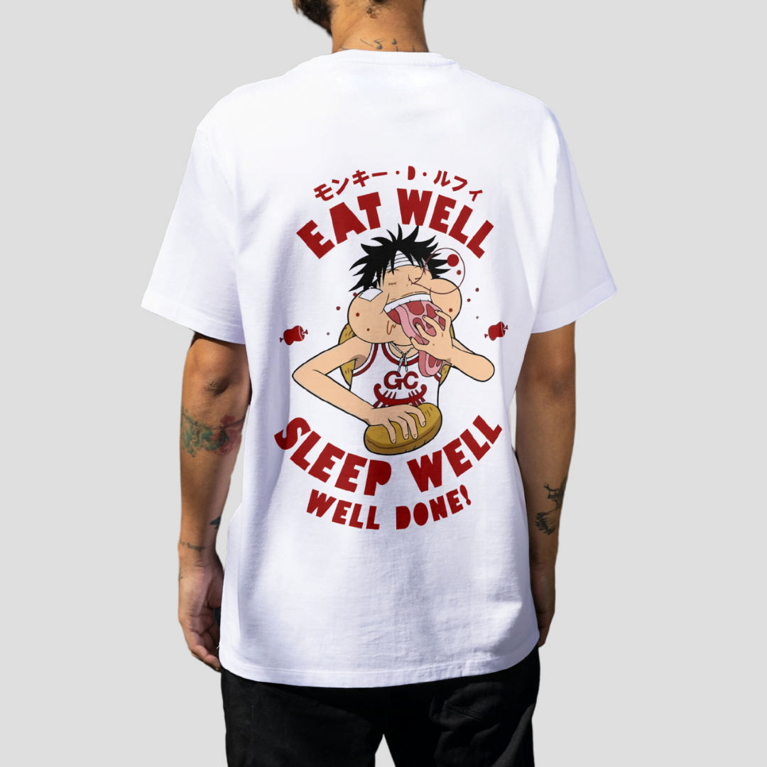 Eat Well, Sleep Well - One Piece Premium Oversize Back-Print T-Shirt (White and Beige)